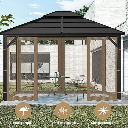 Gazebo Replacement Mosquito Netting Outdoor Universal Gazebo Canopy 4-Panels Screen Sidewalls with Zipper for Patio Garden (Brown, 10x12)