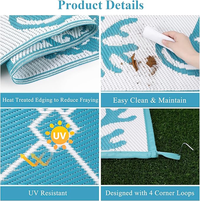 Vaukki Reversible Rugs, Plastic Straw Outdoor Doormat, Fade Resistant Plastic Outdoor Patio Mat, Lightweight Ocean Area Carpet for Patio, RV, Camping, Beach, Deck, Backyard and Picnic (Teal, 9'x12')