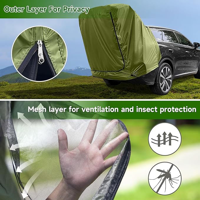 SUV Tailgate Tent,KOMCLUB Car Camping Tent with Awning Shade Waterproof Roof Canopy Green Hatchback Car Tent for Outdoor Travel Preferred,Universal Fit Most SUV,Tarp Poles+Tent Stakes+Reflective Ropes