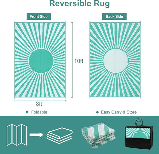 Wonnitar 8x10 Outdoor Rug Waterproof - Large Reversible Patio Rugs, Lightweight Plastic Straw Patios Mat for RV, Portable Outdoor Camping Carpet for Deck Picnic (Blue-Green, 8'x10')