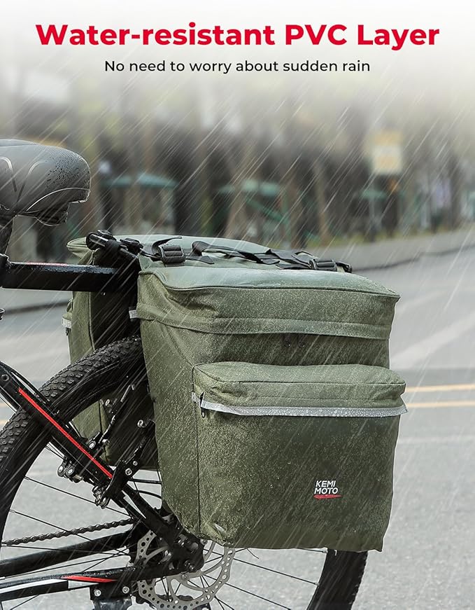 KEMIMOTO Portable Bike Pannier Bag, 34L Large Capacity Water Resistant Bicycle Trunk Bag with Reflective Trim, Bike Rear Seat Saddle Bag for Grocery Shopping Commuter Long Cycling Trip (Green)