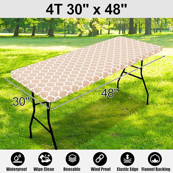 Smiry Rectangle Picnic Table Cover, Waterproof Elastic Fitted Camping Tablecloths for 4 Foot Tables, Wipeable Flannel Backed Vinyl Tablecloth Protector for Indoor, Outdoor (Khaki, 30x48 Inches)