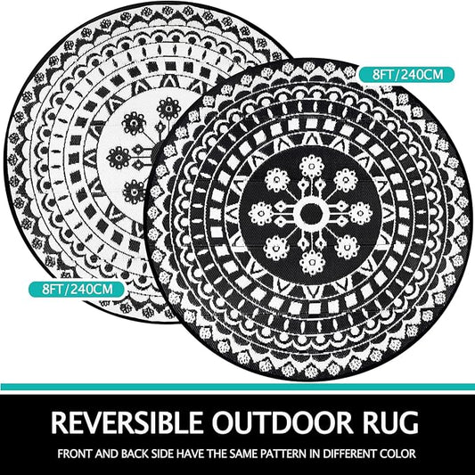Capslpad 8Ft Round Outdoor Rug for Patio Reversible Mat Boho Circle Indoor Outside Area Rug Waterproof Plastic Straw Rug for RV Camping Picnic Pool Tent Beach Deck Balcony Doormats Decor