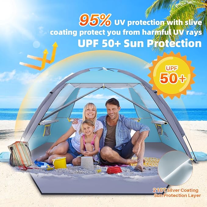 Happy Travel Beach Tent, UPF 50+ UV Protection Sun Shade Shelter for 3/4/5/6/7/8 Person, Portable Beach Canopy for Family & Baby, Lightweight & Easy Setup Beach Cabana with 3 Ventilation Mesh Windows