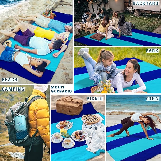Beach Blanket Sandproof Waterproof 78''ร81''1-5 Adults Oversized,Compact Lightweight Durable Beach Mat for Travel Camping Hiking Picnic Blanket