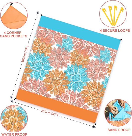 Beach Blanket Sandproof Extra Large Beach Mat Adults Waterproof Quick Drying Sand Free Mat Made by Premium Polyester with 4 Stakes & 4 Corner Pockets for Outdoor Travel Camping Hiking