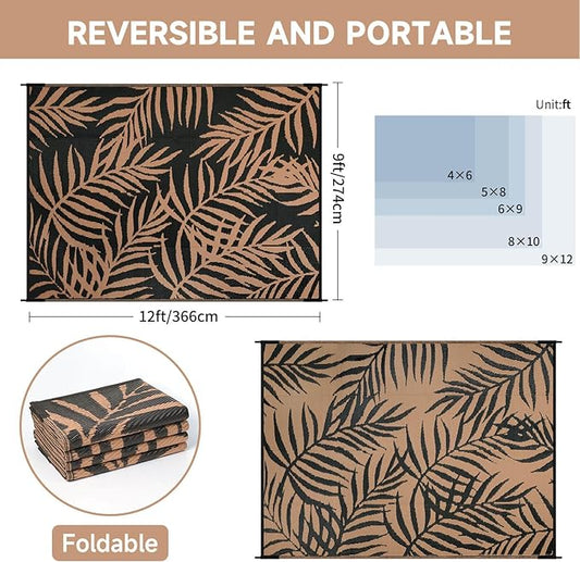 Outdoor Rugs Patio Camping Waterproof - Plastic Straw Patio Rug Portable for Campers, Outside RVs Mat, Outdoor Area Carpet for Patios Clearance, Backyard Porch, Deck, Balcony, Picnic, Black Brown