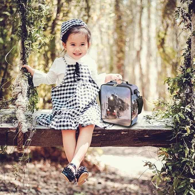 Train Lunch Box for Kids, Vintage Steam Train Lunch Bag for Boys Girls, Reusable Insulated Waterproof Lunch Box with Adjustable Shoulder Strap Thermal Cooler Tote Bag for School Daycare Picnic