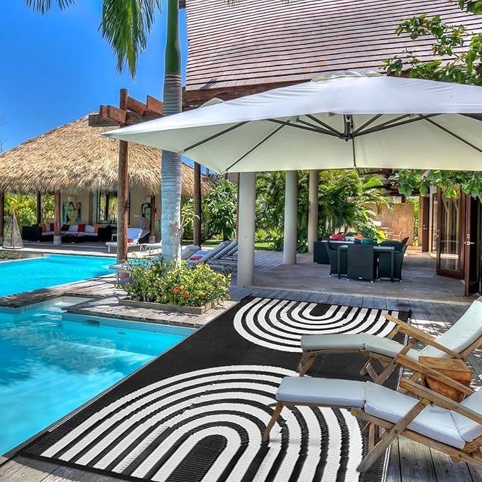 Anidaroel Outdoor Area Rugs 9x12ft Waterproof Clearance, Reversible Camping Rugs for Outside RV, Outdoor Plastic Straw Patio Rugs for Camping, Trailer, Backyard, Pool Deck, Picnic(Black&White, 9‘x12')