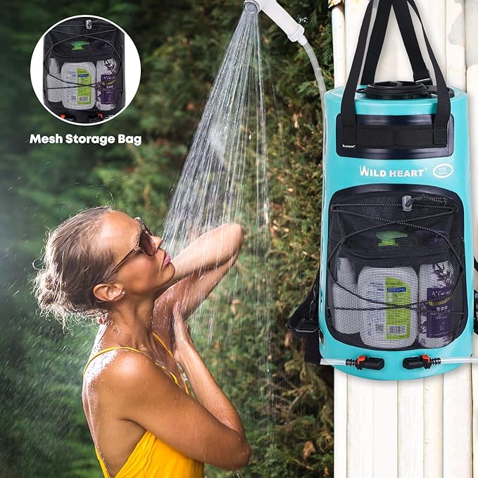 WILD HEART Camping Shower, 5.8 Gallons/22L Portable Camp Shower Bag with Upgraded Screw Lid, Water Level Window, Pressure Foot Pump, and Handy Nozzle, Solar Shower for Beach Camping Hiking Trip