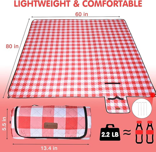 HX&OD Outdoor Picnic Blanket, Extra Large, 80''x60'' Waterproof Foldable Blankets Gingham Picnic Mat for Beach, Camping Grass Lawn Park Accessories Cute Couple Ideas Wedding (Red, 80”x60”)