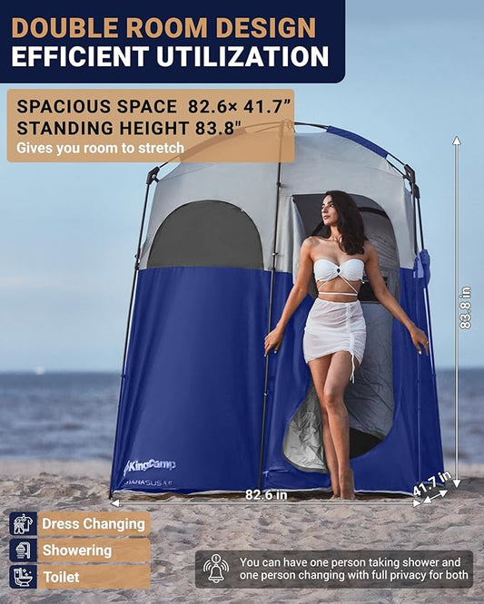KingCamp Camping Shower Tent, Portable Outdoor Privacy Toilet & Changing Tent Windproof & Waterproof Easy Setup 1 or 2 Room Shelter with Shower Bag for Camping Hiking Beach