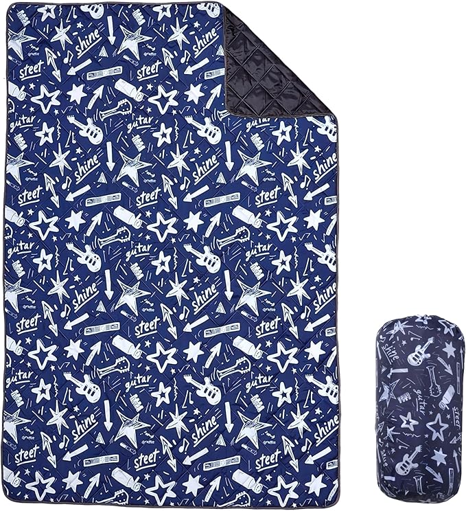 Waterproof Outdoor Blanket, 78.7x55inch, Printed Large Picnic Blankets, Foldable Picnic Mat, Camping Blanket for Picnic, Grass, Park, Lawn, Beach - Star and Guitar