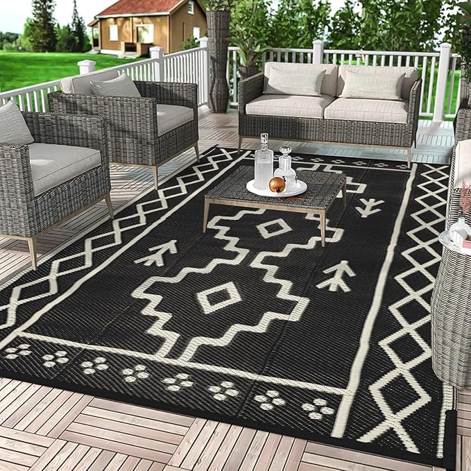 Uphome Outdoor Rugs 8x10 Waterproof, Reversible Black Boho RV Camping Rug, Patio Plastic Straw Outside Rug, Large Foldable Outdoor Mat Carpet for Backyard Deck Pool Balcony Picnic Beach, 8'x10'