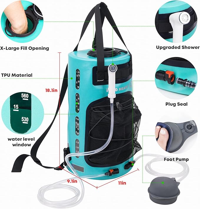 WILD HEART Camping Shower, 5.8 Gallons/22L Portable Camp Shower Bag with Upgraded Screw Lid, Water Level Window, Pressure Foot Pump, and Handy Nozzle, Solar Shower for Beach Camping Hiking Trip