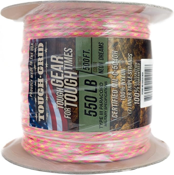 TOUGH-GRID Premium 550lb Paracord Rope - 500Ft White - 100% Nylon Type III Mil-Spec - UV & Abrasion Resistant - Heavy Duty Strands - Outdoor Survival Rope - Used by US Military - Made in USA