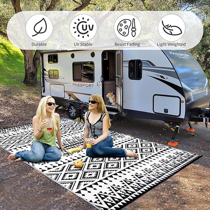 Waterproof Outdoor Rug 9x12ft, Bohemia Reversible Plastic Straw Mat for Patio RV Deck Porch Backyard Balcony Camping Picnic Beach Indoor Outdoor Carpet, Black&White