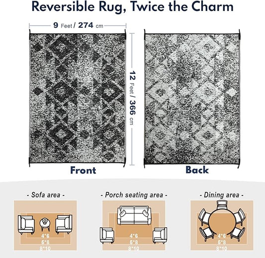 Waterproof Outdoor Rug 9x12 ft, Reversible Plastic Straw Rug, Easy to Clean Patio Rug, Portable Carpet for Patio, RV, Deck, Balcony, Backyard, Picnic, Beach, Mosaic, Gray