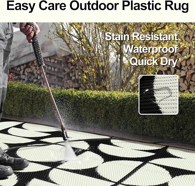 Wonnitar Waterproof 6x9 Outdoor Rug for Patio Clearance, Reversible Plastic Straw Rug Large Portable Camping RV Rug, Geometric Outside Area Rug for Backyard Balcony Garden (Black & White,6'x9')