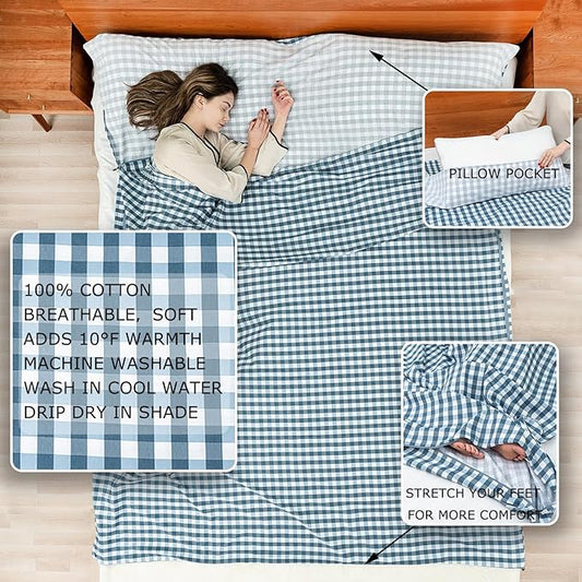 100% Cotton Sleeping Bag Liner with Full Length Zipper on 3 Sides; Single/Double Adult Sleep Sack for Travel & Camping, Multifunctional Travel Sheets (Unzipped 87”x87”) for Hotel, Lightweight
