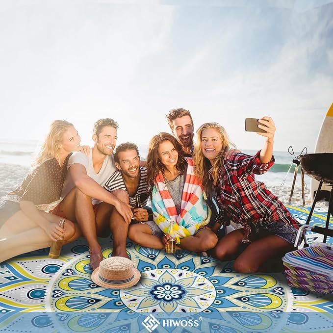 Beach Blanket Waterproof Sandproof Oversized 95โx 80โ,Sand Free Beach Mat with Corner Pockets,Portable Mesh Bag for Beach Festival,Picnic,Travel and Outdoor Camping (Oceansunyellow)