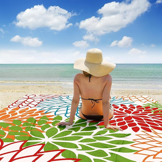 9 ft×10 ft Large Beach Blanket Waterproof Sandproof, Picnic Blankets for 4 Adults with Stakes and Sand Pocket, Lightweight Beach Mat Vacation Essentials Accessories Must Haves-Colorful Blossoms