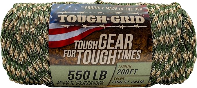 TOUGH-GRID Premium 550lb Paracord Rope -200ft - Forest Camo - 100% Nylon Type III Mil-Spec - UV & Abrasion Resistant - Heavy Duty Strands - Outdoor Survival Rope - Used by US Military - Made in USA