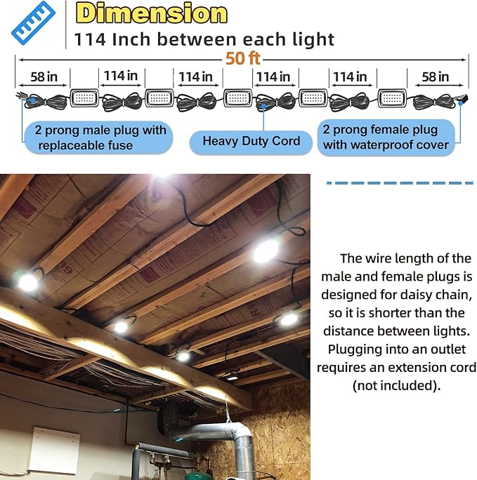 Owleye 50FT Led String Work Light 85W 8000LM Waterproof Construction String Lights Linkable Temporary Work Lighting Outdoor Indoor Worklight (5 Light Heads)-2 Pack