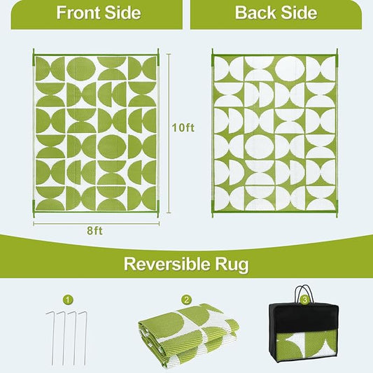 Wonnitar Outdoor Rugs 8x10 Waterproof Plastic Straw Rug, Large Outdoor Camping Rug for RV, Reversible Portable Outside Lightweight Area Rug for Backyard Balcony Beach Picnic (Green,8'x10')