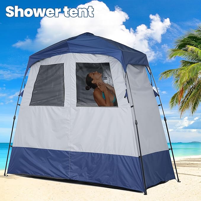 Camping Shower Tent Deluxe Changing Room Easy Set Up Privacy Shelter,Large Toilet Tent 2 Rooms with Floor Drain Design for Beach, Camping,Hiking with Stakes and Ropes for Stability