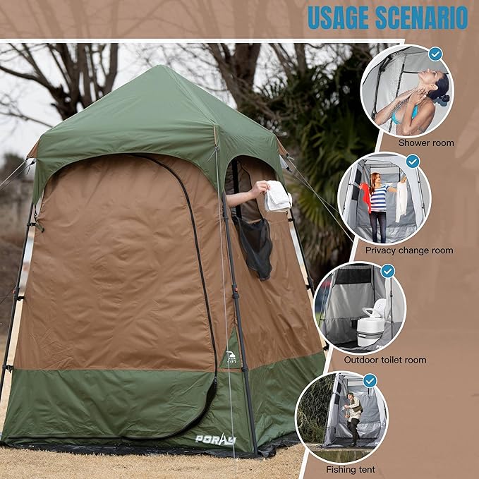 Portable Camping Shower Tent Deluxe Changing Room with Shower Bag Easy Set Up Privacy Shelter,Large Toilet Tent with Floor Drain Design for Beach,Camping,Hiking with Stakes and Ropes for Stability