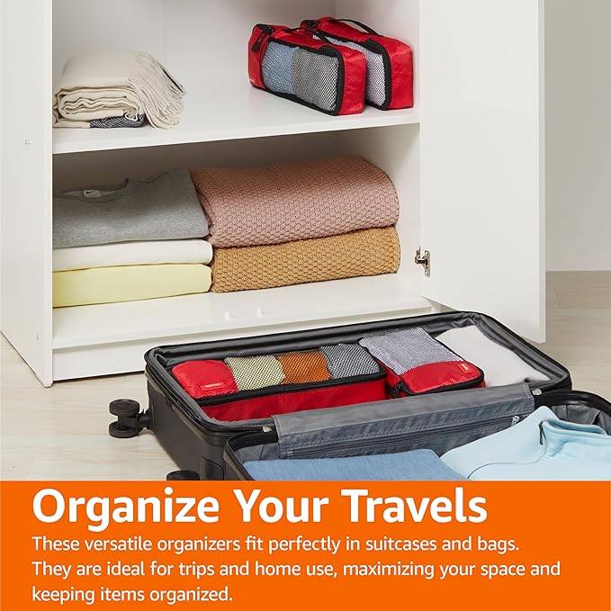 Amazon Basics Slim Packing Cubes for Travel, Packing Organizers, 4-Piece-Set With Double Zipper Pulls and Mesh Top Panel, 100% Durable Polyester, Red, 14"L x 5"W x 3"H