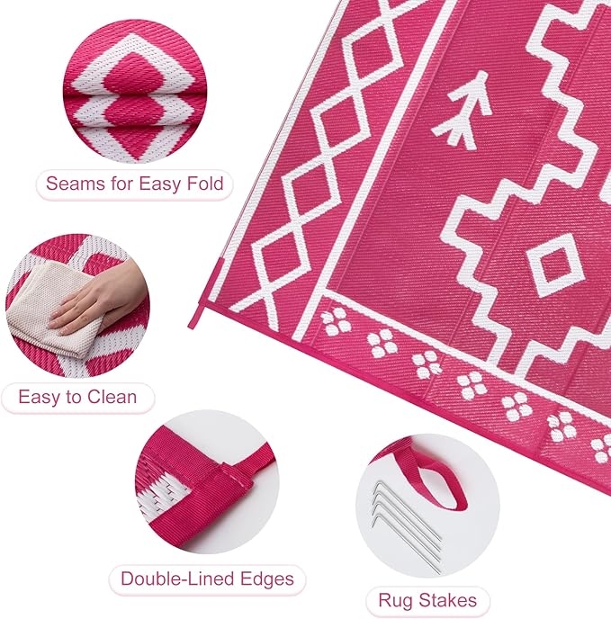 Uphome Outdoor Rugs 8x10 Waterproof, Reversible Hot Pink Boho RV Camping Rug, Patio Plastic Straw Outside Rug, Large Foldable Outdoor Mat Carpet for Backyard Deck Pool Balcony Picnic Beach, 8'x10'