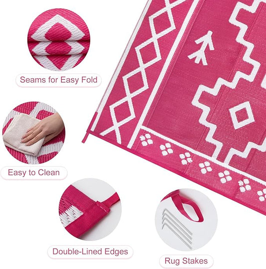 Uphome Outdoor Rugs 8x10 Waterproof, Reversible Hot Pink Boho RV Camping Rug, Patio Plastic Straw Outside Rug, Large Foldable Outdoor Mat Carpet for Backyard Deck Pool Balcony Picnic Beach, 8'x10'