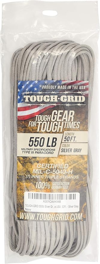 TOUGH-GRID Premium 550lb Paracord Rope - 50 Ft. - Silver Gray - 100% Nylon Type IV Mil-Spec - UV & Abrasion Resistant - Heavy Duty Strands - Outdoor Survival Rope - Used by US Military - Made in USA