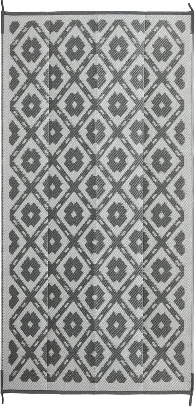 Waterproof Outdoor Rug 9x18 ft, Reversible Plastic Straw Rug, Easy to Clean Patio Rug, Portable Carpet for Patio, RV, Deck, Balcony, Backyard, Picnic, Beach, Square Dashed, Gray