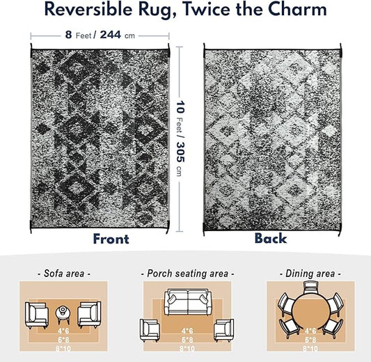 Waterproof Outdoor Rug 8x10 ft, Reversible Plastic Straw Rug, Easy to Clean Patio Rug, Portable Carpet for Patio, RV, Deck, Balcony, Backyard, Picnic, Beach, Mosaic, Gray