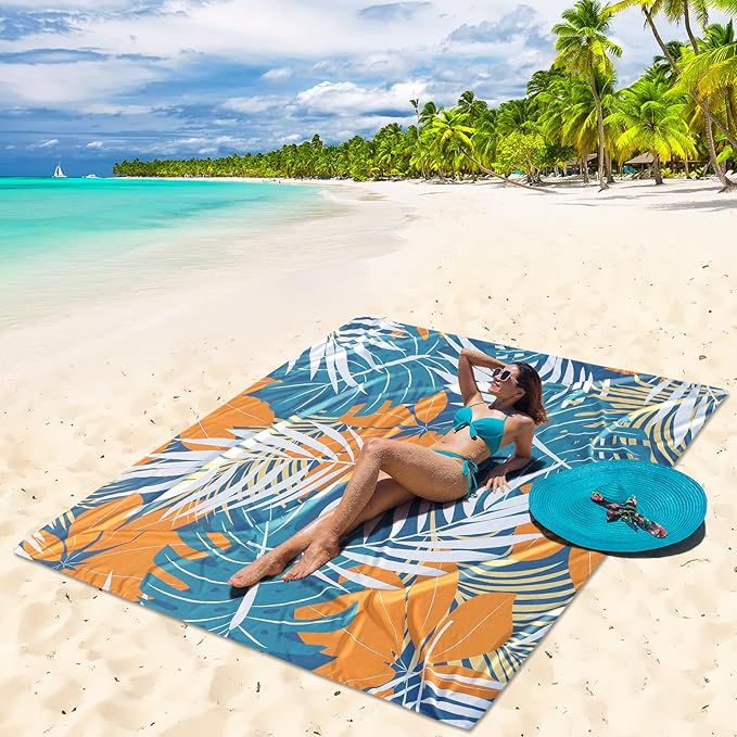 Beach Blanket Sandproof Extra Large Beach Mat Adults Waterproof Quick Drying Sand Free Mat Made by Premium Polyester with 4 Stakes & 4 Corner Pockets for Outdoor Travel Camping Hiking