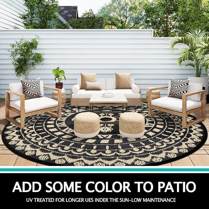 Capslpad 8Ft Round Outdoor Rug for Patio Reversible Mat Waterproof Plastic Straw Rug Boho Circle Indoor Outside Area Rug for RV Camping Picnic Pool Tent Balcony Beach Deck Doormats Decor, Beige