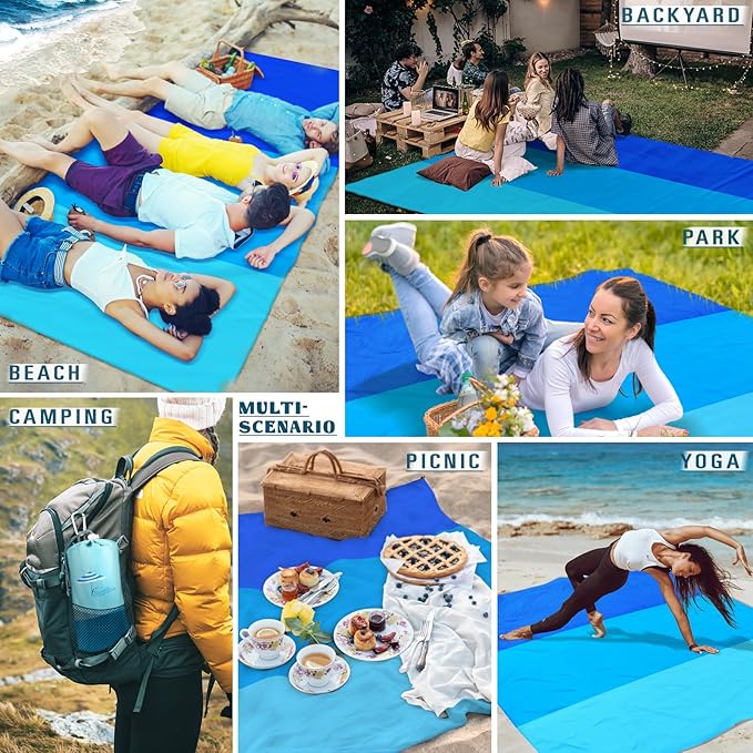 Beach Blanket Sandproof Waterproof 78''ร81''1-5 Adults Oversized,Compact Lightweight Durable Beach Mat for Travel Camping Hiking Picnic Blanket