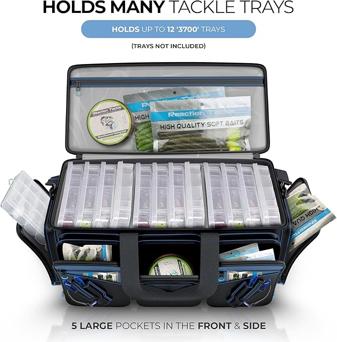 Reaction Tackle Fishing Tackle Bag – Salt Water Resistant Fishing Bag, 1000D PVC Waterproof Material, Tackle Box Organizer with Dividers for 3600 or 3700 Trays (Small, Medium, Backpack only fit 3600)
