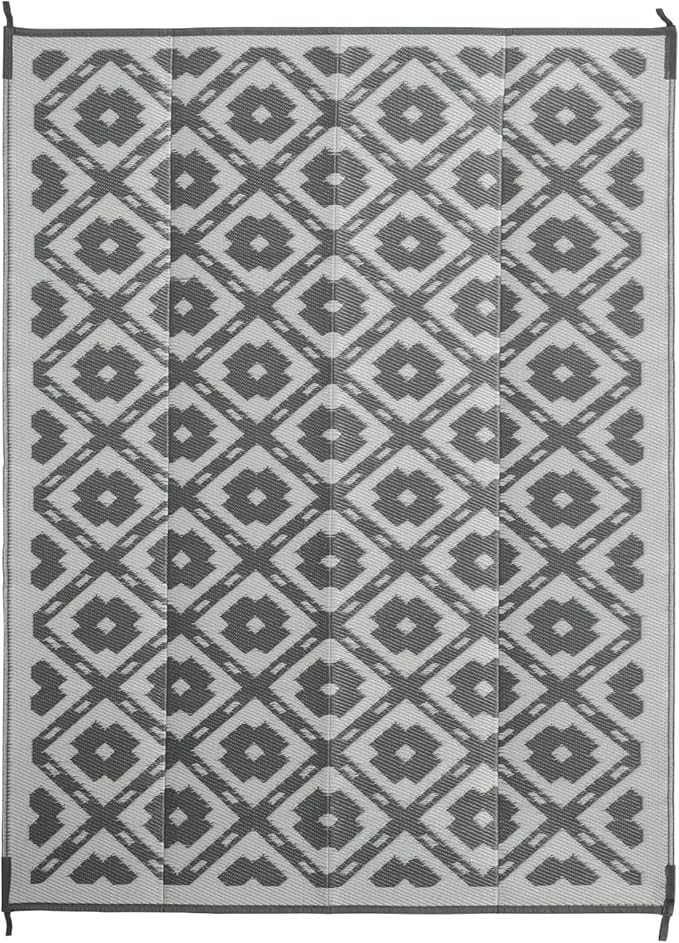 Waterproof Outdoor Rug 4x6 ft, Reversible Plastic Straw Rug, Easy to Clean Patio Rug, Portable Carpet for Patio, RV, Deck, Balcony, Backyard, Picnic, Beach, Square Dashed, Gray