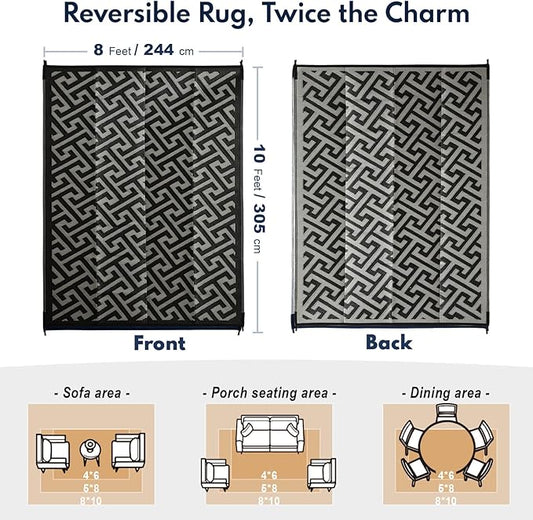 Waterproof Outdoor Rug 8x10 ft, Reversible Plastic Straw Rug, Easy to Clean Patio Rug, Portable Carpet for Patio, RV, Deck, Balcony, Backyard, Picnic, Beach, I-Shaped, Black