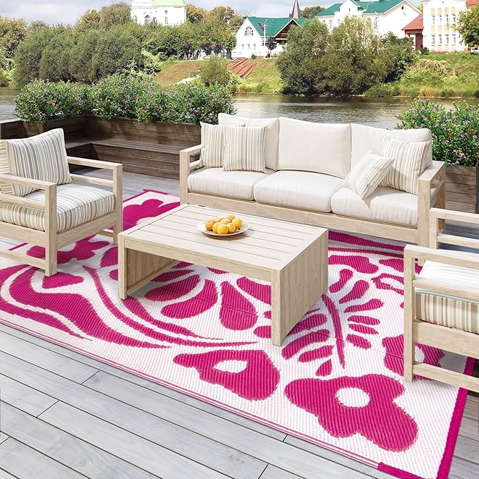 Wonnitar Outdoor Rug 6x9, Waterproof RV Outdoor Rugs for Camping, Reversible Plastic Straw Outside Camping Rug Large Portable Abstract Floral Picnic Mat for Camper Garden Beach Camp (Pink, 6'x9')