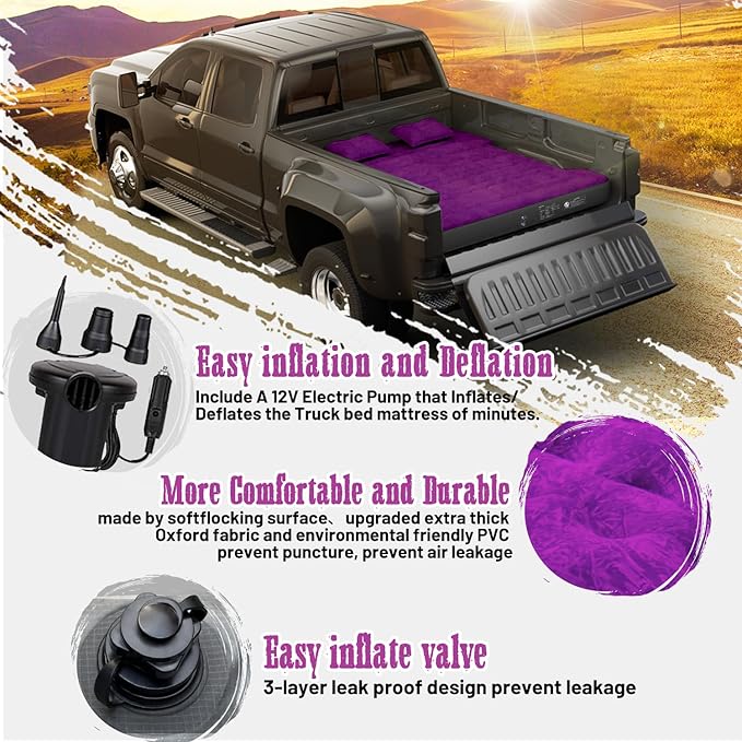 Umbrauto Truck Bed Air Mattress for 6-6.5ft Full Size Truck Bed, Upgraded Thickened Inflatable Mattress with Pump, Pick Up Airbed for Truck Tent Camping, Purple