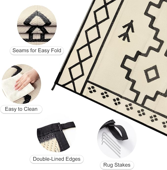 Uphome Outdoor Rugs 8x10 Waterproof, Reversible Tan Boho RV Camping Rug, Patio Plastic Straw Outside Rug, Large Foldable Outdoor Mat Carpet for Backyard Deck Pool Balcony Picnic Beach, 8'x10'