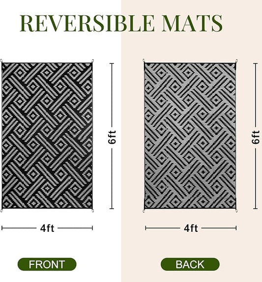 OPPODREAM Outdoor Rug 4x6 Ft, Waterproof Outdoor Plastic Straw Rug for Patio, Reversible Out Door Carpet for Camping, Deck, Rv, 4 x 6 Area Carpet for Balcony, Porch, Backyard, Black and Grey