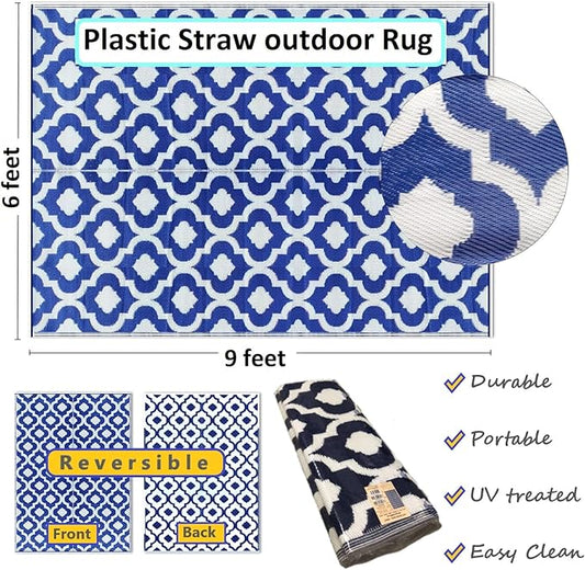 BalajeesUSA Recycled Outdoor Plastic Patio Rugs Clearance Waterproof RV Camper Rug Large Reversible mats 6'x9' Blue & White 20317