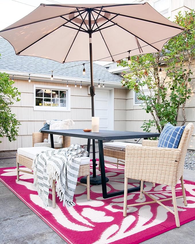 Wonnitar Outdoor Rugs 8x10,Plastic Outdoor Waterproof Patio Rugs Clearance,Reversible Large Outside RV Camping Mat,Portable Abstract Plant Lightweight Carpet for Backyard Deck Park (Pink, 8'x10')