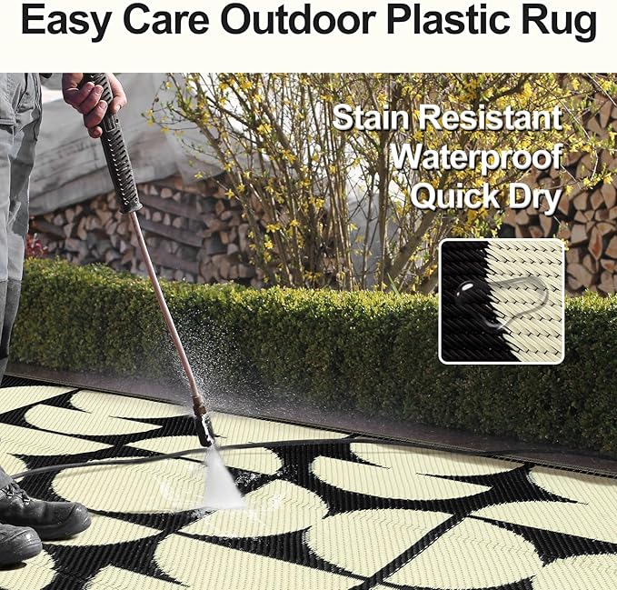 Wonnitar Outdoor Rug 6x9 Waterproof for Patio, Reversible Outdoor Plastic Straw Rug Large Portable RV Camping Rug, Geometric Outside Area Rug for Backyard Balcony Garden (Black & Beige,6'x9')